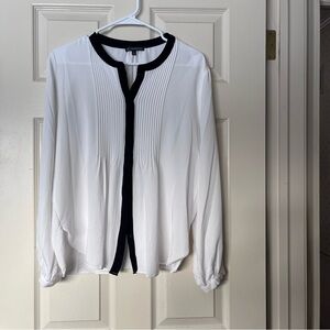 Adrianna Papell Women's L White Pintuck Rayon Long Sleeve Blouse Black Trim